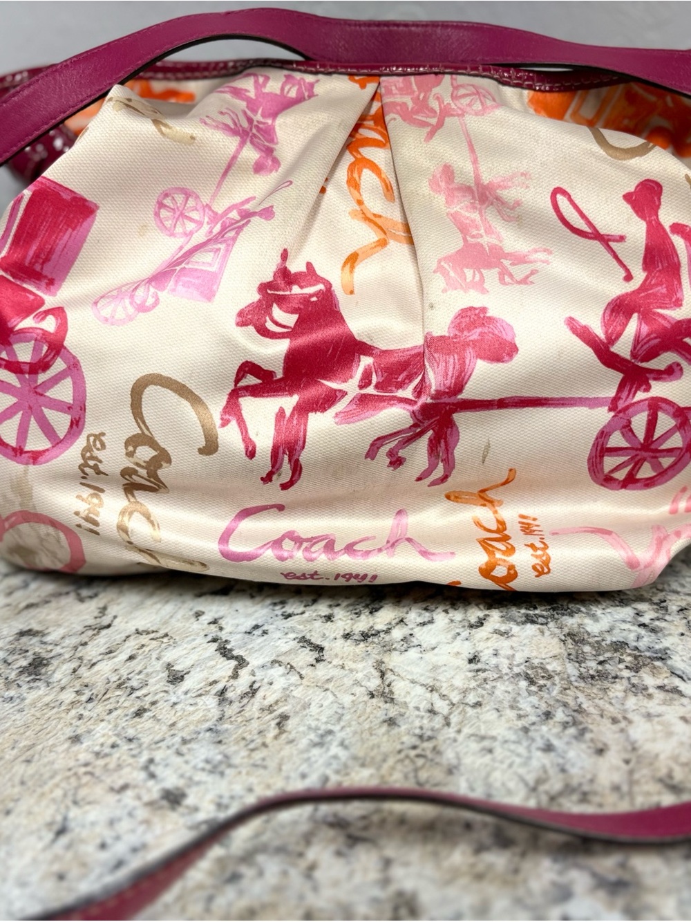 Coach Cream Shoulder Bag with Pink, Orange & Brown Signature Print